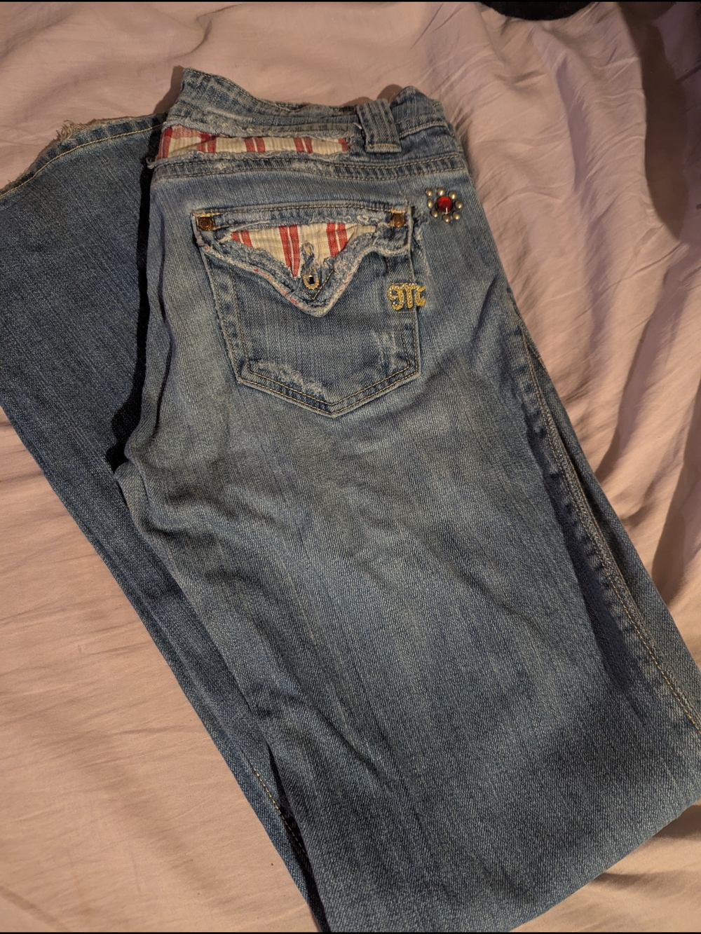 Embellished Light Wash Jeans with Plaid Pocket Trim